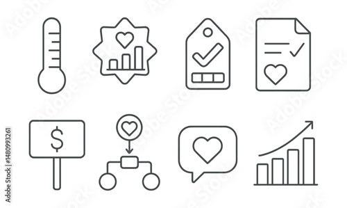 Line style icons of charity impact measurement: goal tracker icon, impact chart badge, fundraising progress tag, milestone reach file, total raised board, donation flow chart, change made bubble,