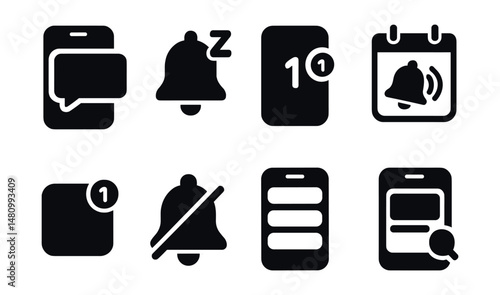 Solid style icons of mobile notifications: pop-up icon, snooze bell, reminder badge, calendar ping, app icon alert, silent mode, grouped alerts, smart preview.
