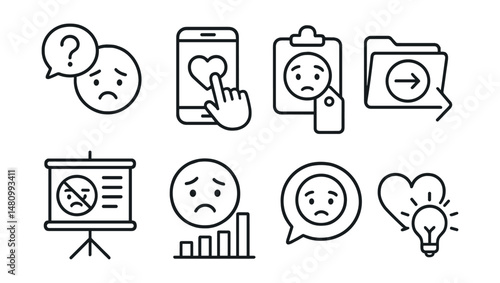 Line style icons of app-based emotion education: emotion FAQ icon, coping skill demo badge, feeling quiz tag, swipe to learn file, mood myths board, short explainer chart, explore feelings bubble,