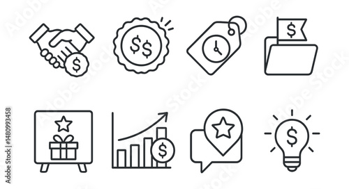 Line style icons of donation incentives: matching funds icon, double your donation badge, time-limited offer tag, challenge grant file, extra reward board, backer bonus chart, milestone challenge