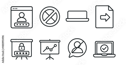 Line style icons of school account safety: edu login icon, don’t reuse badge, school platform tag, log out in lab file, password update board, account history chart, peer not access bubble, device