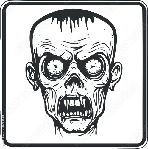 Illustration of a scary zombie face with fanged teeth and hollow eyes in black and white style