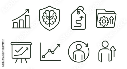 Line style icons of personal growth: progress icon, growth mindset badge, learning path tag, self-improvement file, positive change board, milestone chart, personal development bubble, evolving