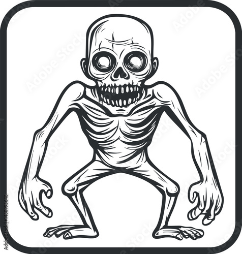 Black and white cartoon illustration of a creepy skeleton with an oversized skull and bony limbs in a spooky pose