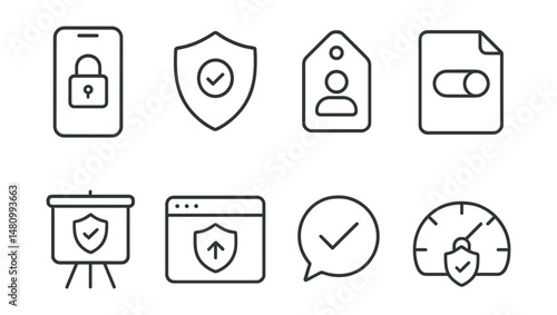 Line style icons of visual app safety checklist: lock screen icon, app audit badge, profile privacy tag, 2FA toggle file, setting up safely board, update security chart, clean feed bubble, safety