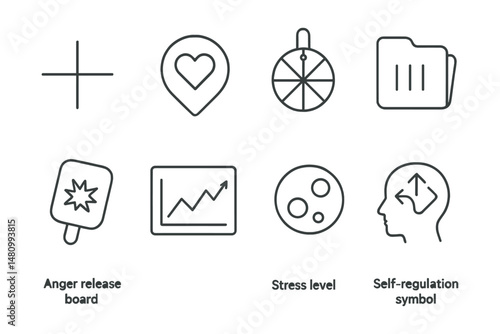 Line style icons of emotional regulation techniques: mood meter icon, emotional check-in badge, feelings wheel tag, pause and reflect file, anger release board, anxiety tracker chart, stress level