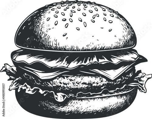 Black and white hand-drawn illustration of a classic hamburger with lettuce and cheese on a sesame seed bun