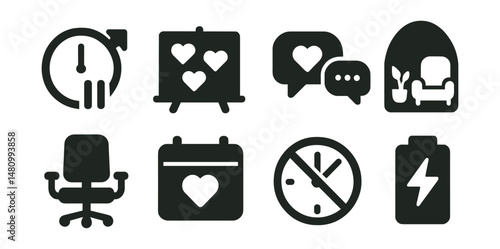 Solid style icons of wellbeing at work: break timer, gratitude board, support chat, calm corner, ergonomic chair, health day, no overtime, energy check.