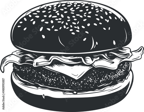 Black and white illustration of a classic hamburger with sesame bun, cheese, bacon, and beef patty