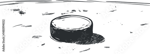 Black and white illustration of a hockey puck on an ice rink surface for sport concept