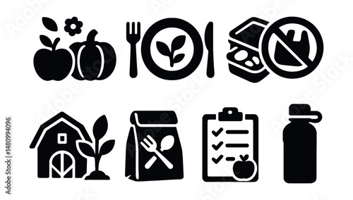 Solid style icons of eco food habits: seasonal food, plant-based plate, leftovers box, plastic-free label, local produce, eco lunch kit, meal planning, water bottle.