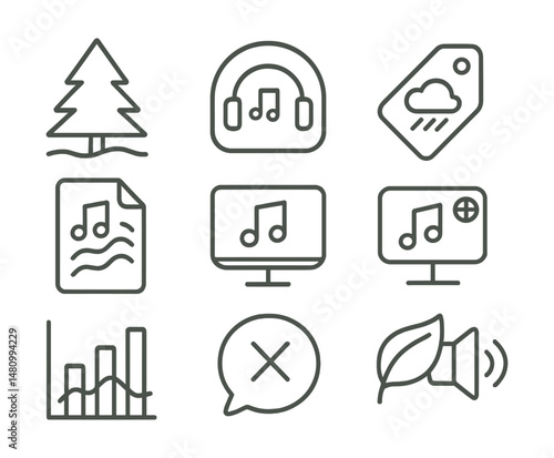 Line style icons of focus sounds and ambient tech: forest sound icon, soft playlist badge, white noise tag, soundscapes file, focus music board, quiet vibe chart, no lyrics bubble, natural audio