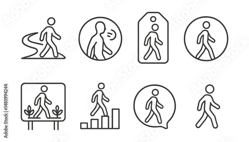 Line style icons of walking meditation: walking path icon, breath sync badge, mindful stride tag, walk circle file, nature walk board, grounded step chart, rhythmic movement bubble, walking focus