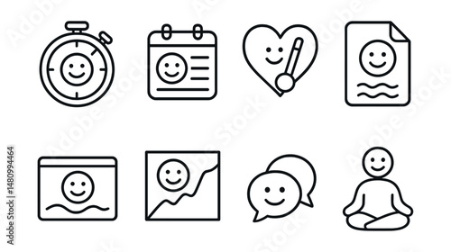 Line style icons of emotional alignment tools: mood-based timer icon, feeling-led schedule badge, regulate with rhythm tag, track emotion flow file, breath with mood board, choose by energy chart,