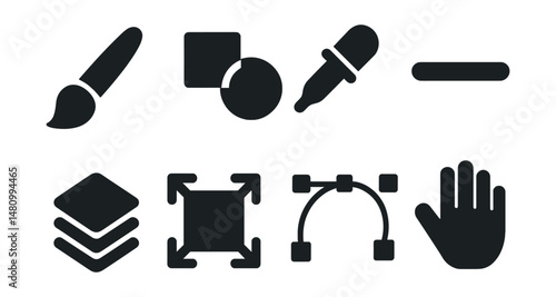 Solid style icons of digital drawing tools: brush icon, shape tool, color picker, stroke thickness, layering icon, canvas resize, vector path, hand tool.
