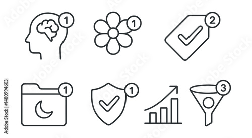 Line style icons of app notifications with values: mental space icon, joy-only alert badge, affirm + ping tag, rest before respond file, trust-before-click board, purpose-aligned chart, value-based