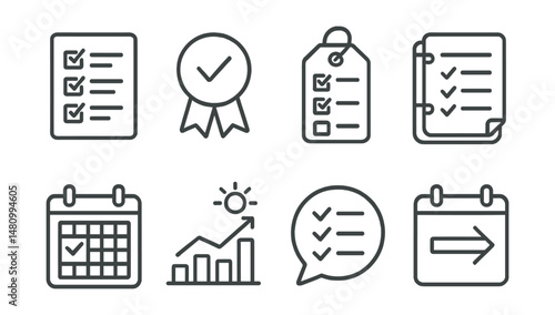 Line style icons of daily planning: daily checklist icon, task order badge, routine review tag, day planner file, calendar check board, morning schedule chart, evening prep bubble, plan ahead symbol.