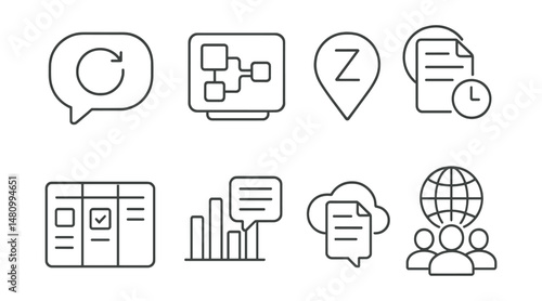 Line style icons of remote startup workflow: async message icon, digital whiteboard badge, timezone tag, daily standup file, project sync board, slack thread chart, cloud doc bubble, team timezone