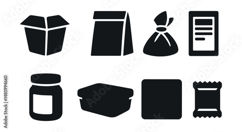 Solid style icons of food packaging: takeout box, paper bag, eco wrapper, nutrition label, sealed jar, reusable container, barcode icon, portion pack.
