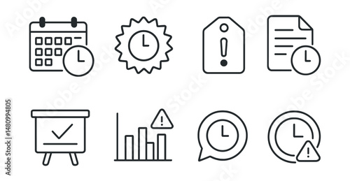 Line style icons of managing work deadlines: project deadline icon, late penalty badge, submission reminder tag, due date tracker file, on-time completion board, urgent task chart, missed deadline