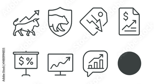 Line style icons of market indicators: bull trend icon, bear trend badge, market correction tag, inflation rate file, interest rate board, GDP signal chart, earnings season bubble, consumer
