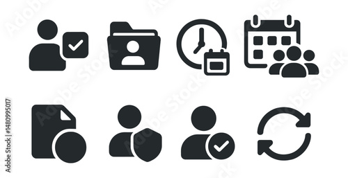 Solid style icons of teamwork management: task assigned, project folder, deadline icon, group calendar, file versioning, role badge, approval check, sync loop.