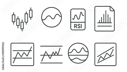 Line style icons of technical analysis: candlestick chart icon, moving average badge, RSI tag, volume spike file, breakout board, support and resistance chart, MACD indicator bubble, trend lines
