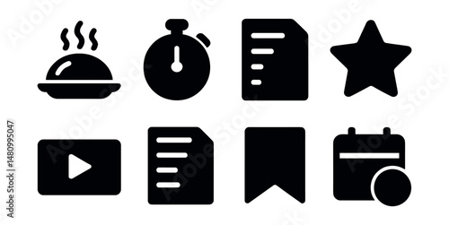 Solid style icons of recipe platforms: dish preview, cook time, ingredients list, star rating, cooking video, nutrition facts, save recipe, add to plan.