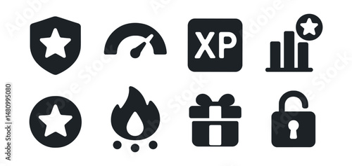 Solid style icons of gamification features: badge icon, level meter, XP points, leaderboard icon, challenge star, daily streak, bonus icon, unlocked reward.