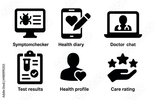 Solid style icons of online health tools: symptom checker, health diary, prescription upload, doctor chat, test results, health profile, check-in icon, care rating.