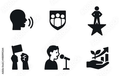 Solid style icons of youth empowerment: voice icon, creative project, team badge, leadership star, change maker, youth voice, action group, skills growth.