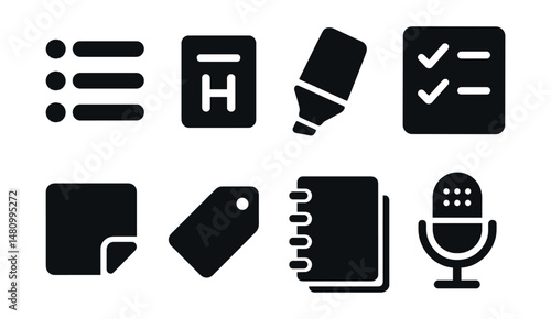 Solid style icons of note-taking apps: bullet point, heading icon, highlight tool, checklist, quick note, tag label, notebook stack, voice memo.