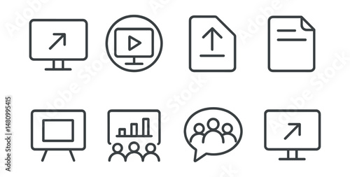 Line style icons of screen sharing tools: screen share icon, presentation mode badge, file upload tag, document view file, digital whiteboard board, multiple viewers chart, visual collaboration