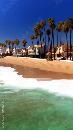 Beachfront resort with white buildings and palm trees under blue sky with turquoise ocean waves rolling into the sandy shore.