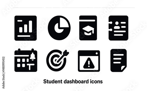 Solid style icons of student dashboards: grades chart, progress circle, subject tab, attendance log, upcoming tests, personal goals, alerts panel, note icon.