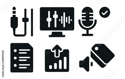 Solid style icons of podcast production: audio input, sound mix, waveform editor, mic test, episode list, publish tool, voice level, tag system.