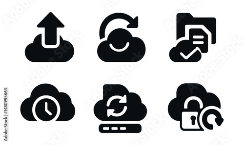 Solid style icons of personal cloud storage: upload arrow, backup icon, synced folder, file history, storage bar, shared doc, access icon, restore point.