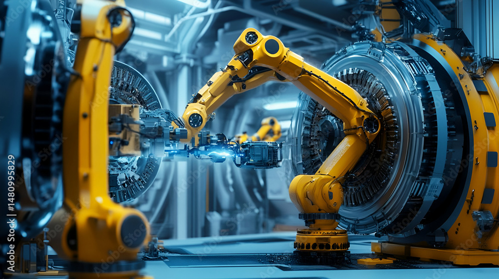 Yellow Robotic Arms in a Modern Factory Setting Yellow Robotic Arms in a Modern Factory Setting