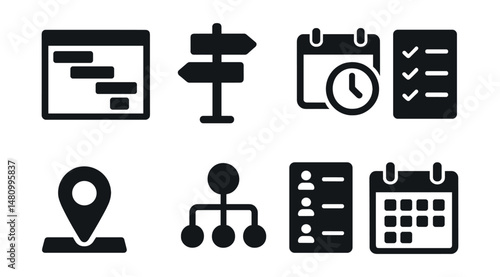 Solid style icons of project planning: Gantt chart, roadmap icon, deadline bar, task card, milestone icon, workflow line, team list, schedule icon.