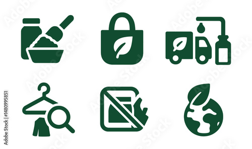 Solid style icons of green shopping: bulk goods, fabric bag, eco delivery, refill station, secondhand find, no-packaging icon, climate-neutral label, low-impact product.