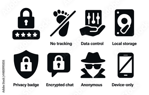 Solid style icons of privacy-first apps: secure login, no tracking, data control, local storage, privacy badge, encrypted chat, device-only mode, anonymous mode.