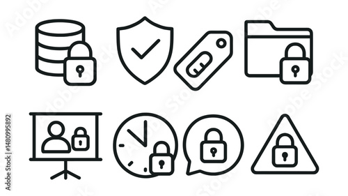 Line style icons of survey security settings: data encryption icon, secure connection badge, password protection tag, restricted access file, user authentication board, session timeout chart, secure