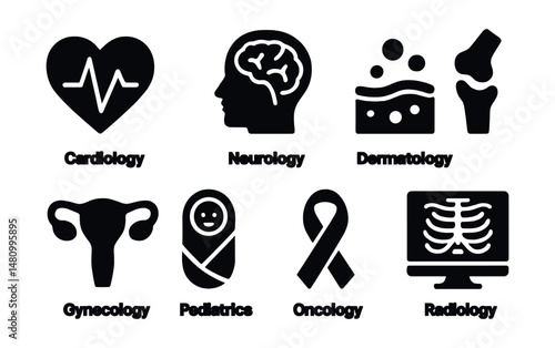 Solid style icons of medical specialties: cardiology, neurology, dermatology, orthopedics, gynecology, pediatrics, oncology, radiology.