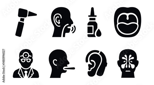 Solid style icons of ENT (ear, nose, throat): otoscope, hearing test, nasal spray, tonsil icon, ENT doctor, throat exam, hearing aid, sinus chart.