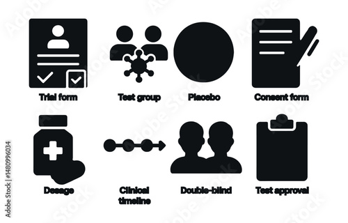 Solid style icons of clinical trials: trial form, test group, placebo icon, consent form, dosage icon, clinical timeline, double-blind icon, test approval.