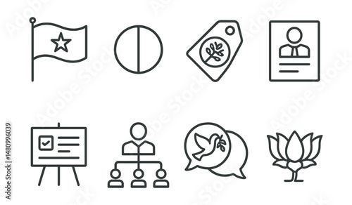 Line style icons of political party symbols: party flag icon, party colors badge, political logo tag, representative file, manifesto board, party leader chart, party ideologies bubble, national party