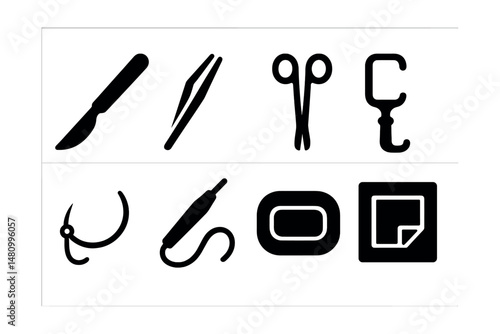 Solid style icons of surgical instruments: scalpel, forceps, surgical scissors, retractor, suture needle, cautery pen, surgical tray, sterile pack.