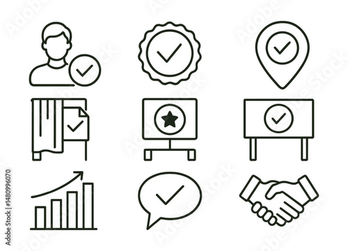 Line style icons of voter participation: registered voter icon, “vote today” badge, polling station location tag, voting booth file, citizen’s duty board, voter turn-out chart, active democracy