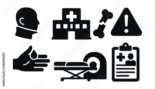 Solid style icons of trauma care: neck brace, trauma unit, fracture icon, trauma alert, bleeding control, stretcher icon, emergency scan, injury report.
