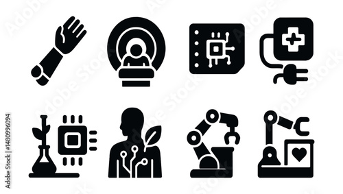 Solid style icons of biomedical engineering: prosthetic arm, medical scanner, implant chip, wearable patch, bionic joint, health robotics, lab prototype, bio design.
